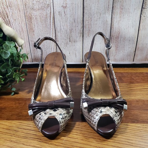 Ellen Tracy Size 9 Brown Snakeskin Print Jaywalk Slingback Open Toe Heels - Picture 2 of 10